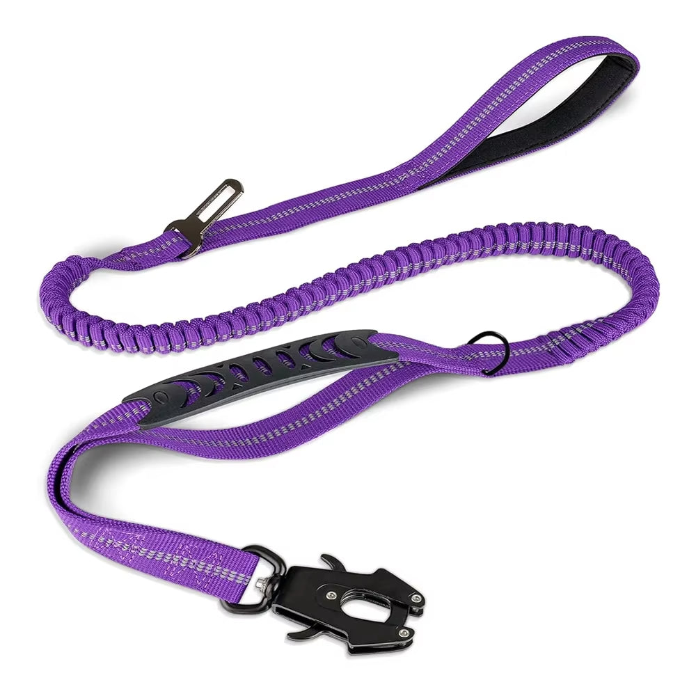 Reflective Bungee Dog Leash with Car Seatbelt Clip – No-Pull, Shock-Absorbing, Heavy-Duty for Large Dogs