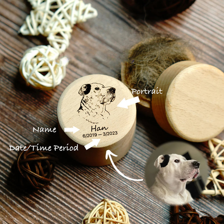 Wooden Keepsake Memorial Box with Pet Portrait Engraving Pet Memorial Tooth and Hair